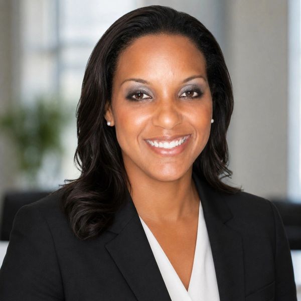 Professional woman in business attire smiling confidently.