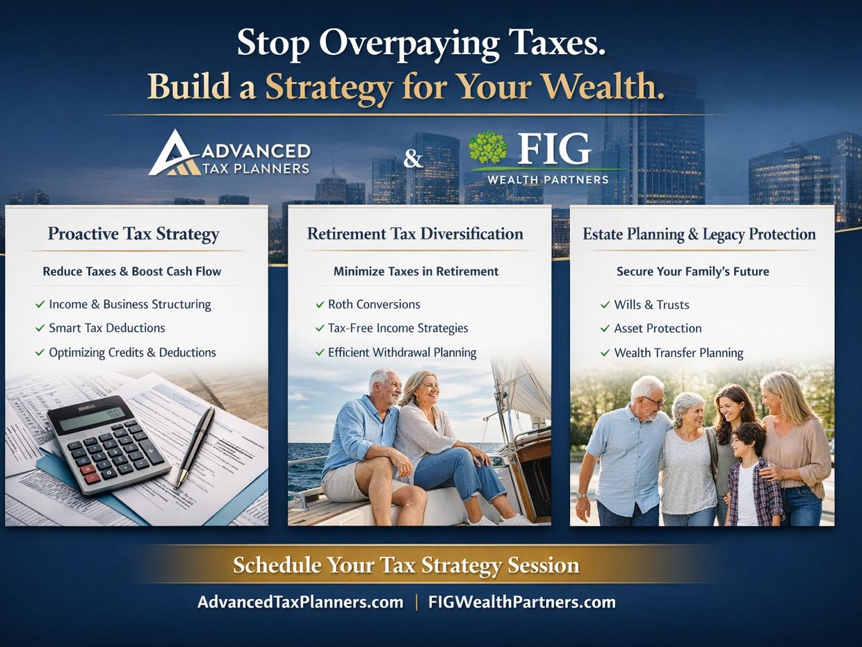 Tax strategy ad promoting wealth building and protection services.
