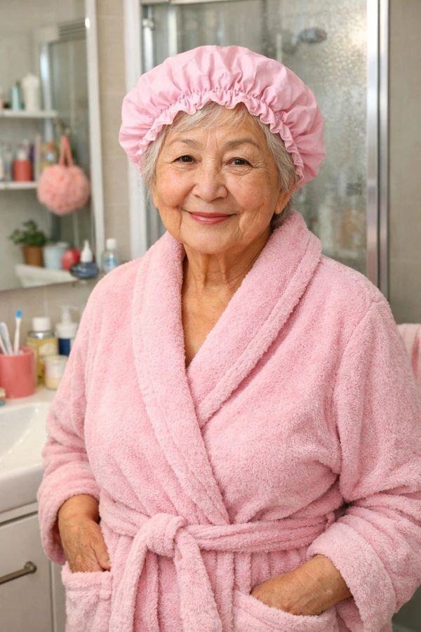 Elderly woman in pink robe and shower cap.