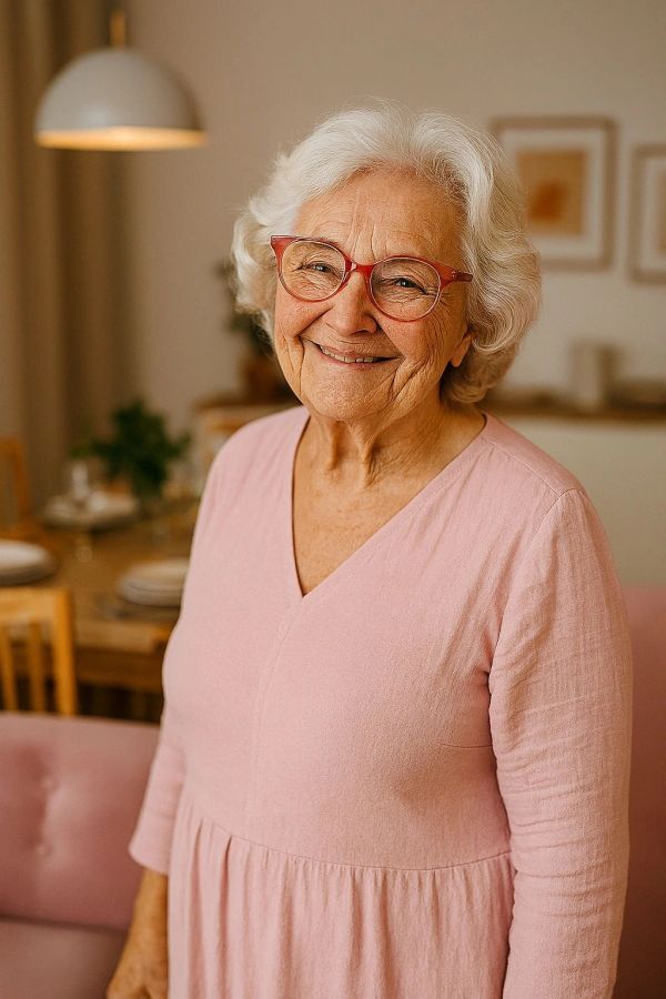 Smiling elderly woman wearing red glasses and a pink dress.