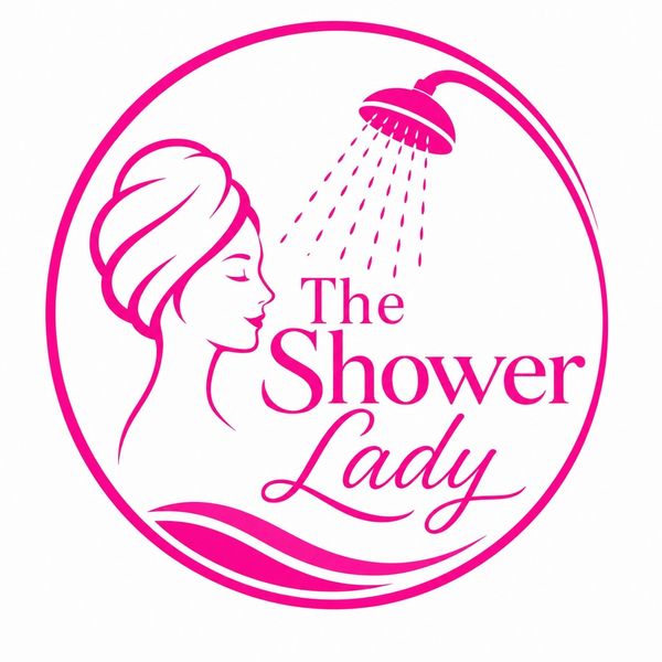 Logo of The Shower Lady with woman under a showerhead.