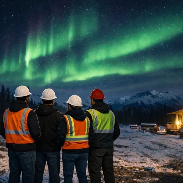 Workers in safety gear admire the Northern Lights over a snowy construction site at night.