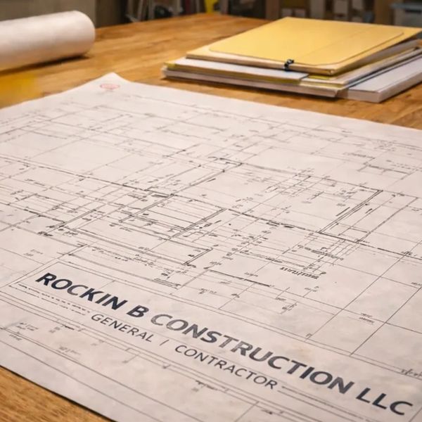 Construction blueprint on a wooden table labeled Rockin B Construction LLC.