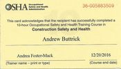 OSHA 10-Hour Construction Safety Certification awarded to Andrew Buttrick in 2016