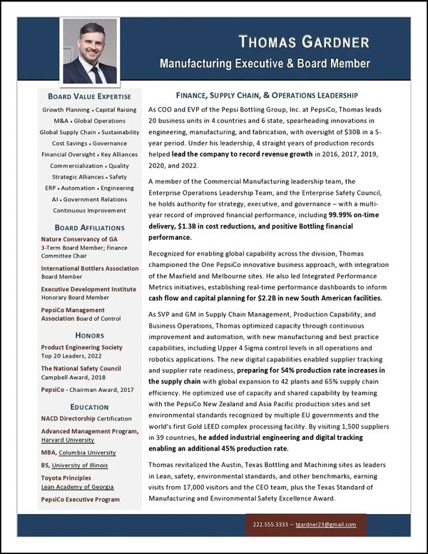 Manufacturing Leadership & Board Resume Sample
