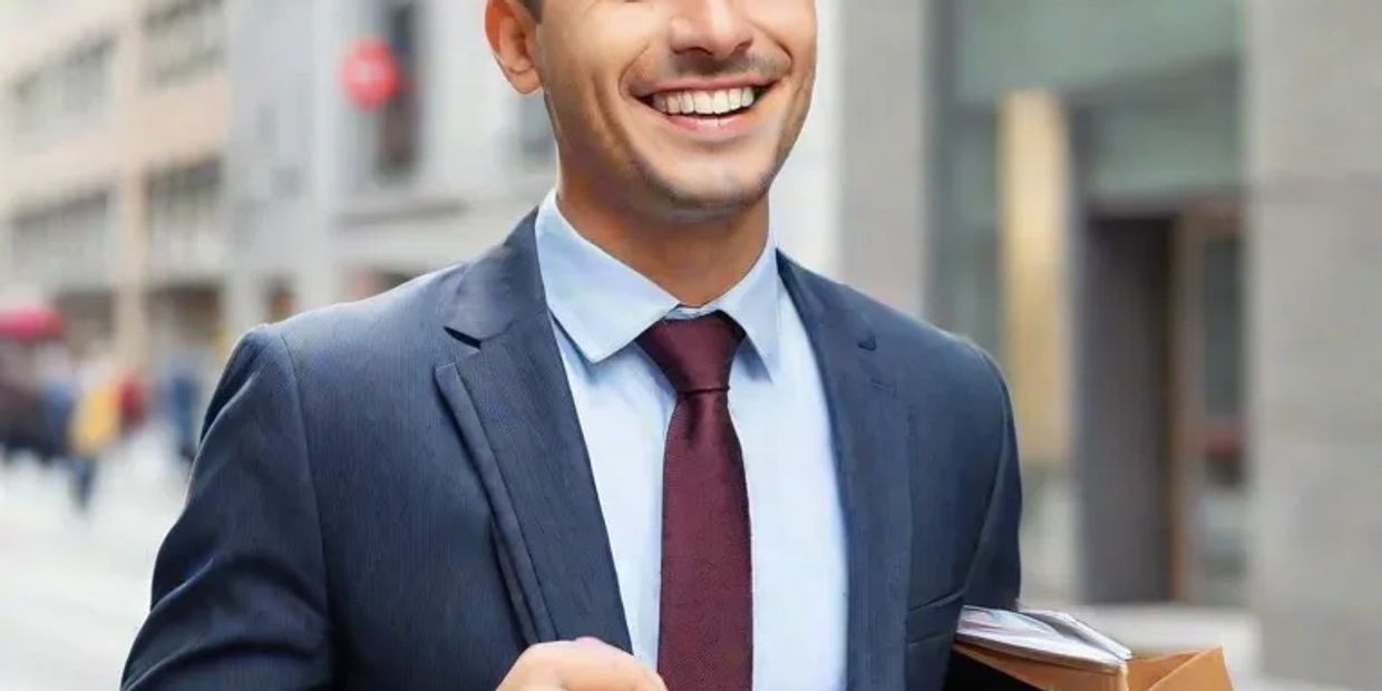 Smiling businessman in suit holding documents outdoors.