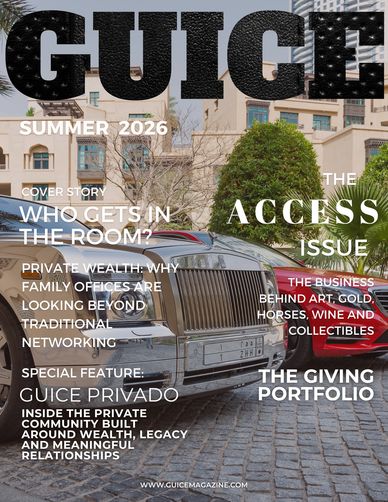 Guice magazine cover with luxury cars and headline topics for Summer 2026.