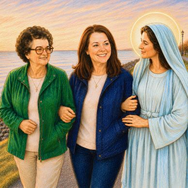 Three women walking arm in arm at sunset by the beach.