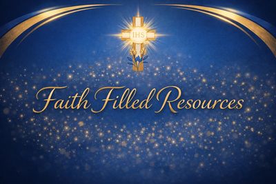 Glowing religious emblem above text 'Faith Filled Resources' on a starry blue background.