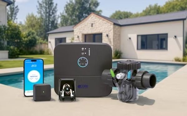 Smart pool system with control device, pump, and app interface by a poolside.