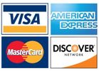 Logos of four major credit card companies: Visa, American Express, MasterCard, and Discover.