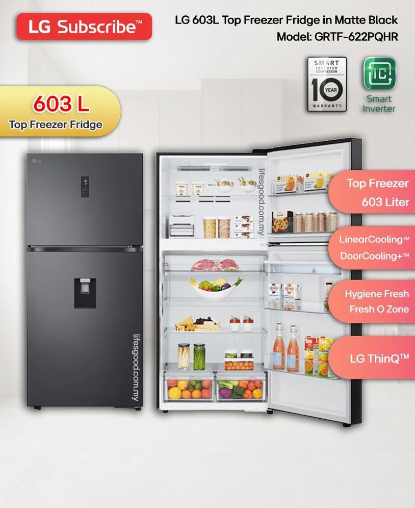 LG 603L top freezer fridge GRTF622PQHR in matte black with open interior view