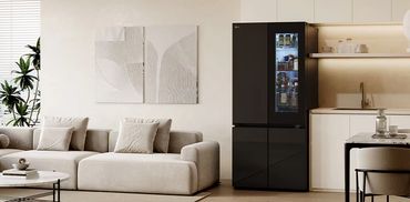 612L InstaView French Door fridge styled in a modern island kitchen layout.