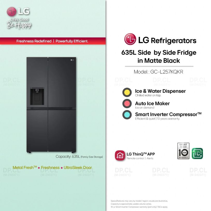 LG 635L GC-L257KQKR side-by-side fridge water dispenser, auto ice maker, ThinQ, 10-year warranty.