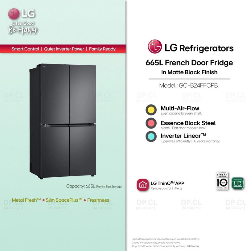 LG 665L French Door Fridge GC-B24FFCPB Multi-Air-Flow, Matte Black, Inverter Linear, LG ThinQ app.