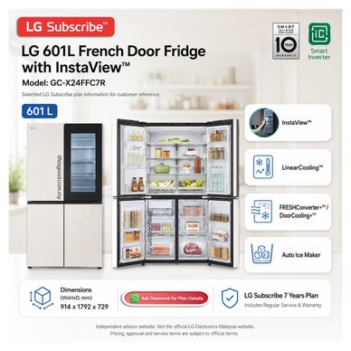 LG GC-X24FFC7R 601L French door fridge with InstaView and Auto Ice Maker.