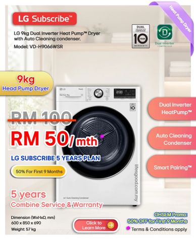 LG VD-H9066WSR heat pump dryer for LG Subscribe Malaysia enquiry.