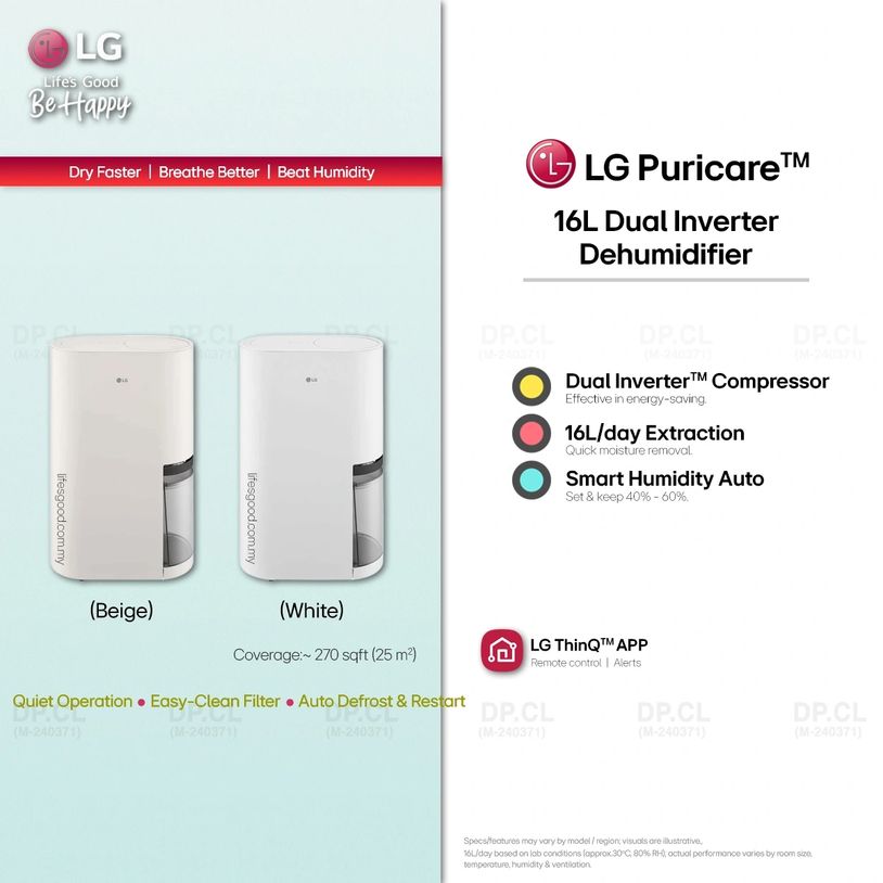 LG PuriCare 16L Dual Inverter dehumidifier in Beige and White with key features shown.