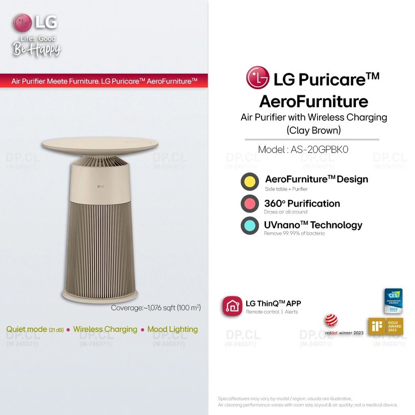 Clay Brown AeroFurniture side-table air purifier with wireless charging, Malaysia.