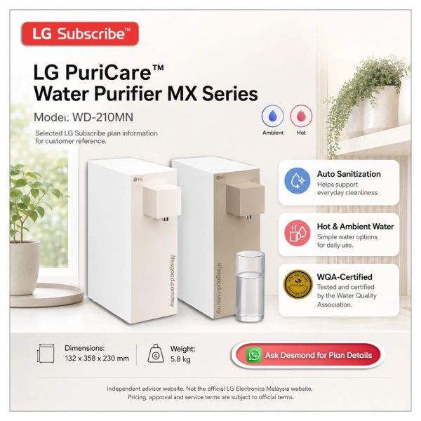 LG PuriCare WD-210MN water purifier with hot and ambient water options.