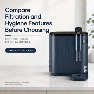 LG PuriCare WD516AN water purifier with filtration and hygiene feature comparison.