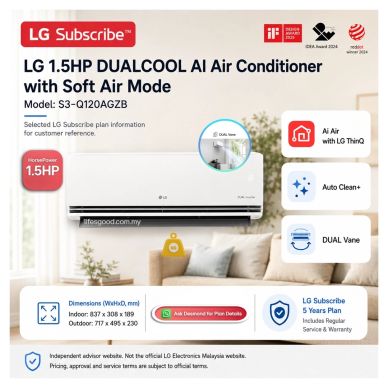 LG S3-Q120AGZB 1.5HP DUALCOOL AI air conditioner with Soft Air Mode.