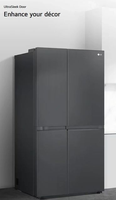 LG 635L side-by-side fridge in matte black with UltraSleek flat doors.