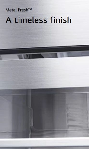 Close-up of stainless Metal Fresh panel and trims inside the fridge.