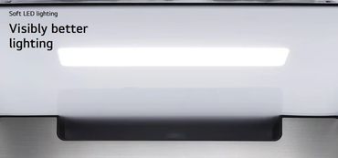 Soft LED light bar illuminating the fridge interior.