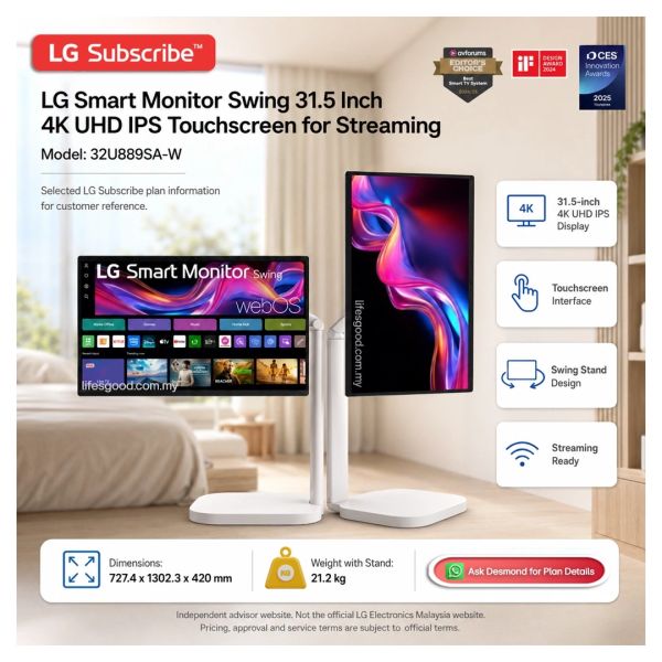 LG 32U889SA-W Smart Monitor Swing with 31.5-inch 4K touchscreen display.