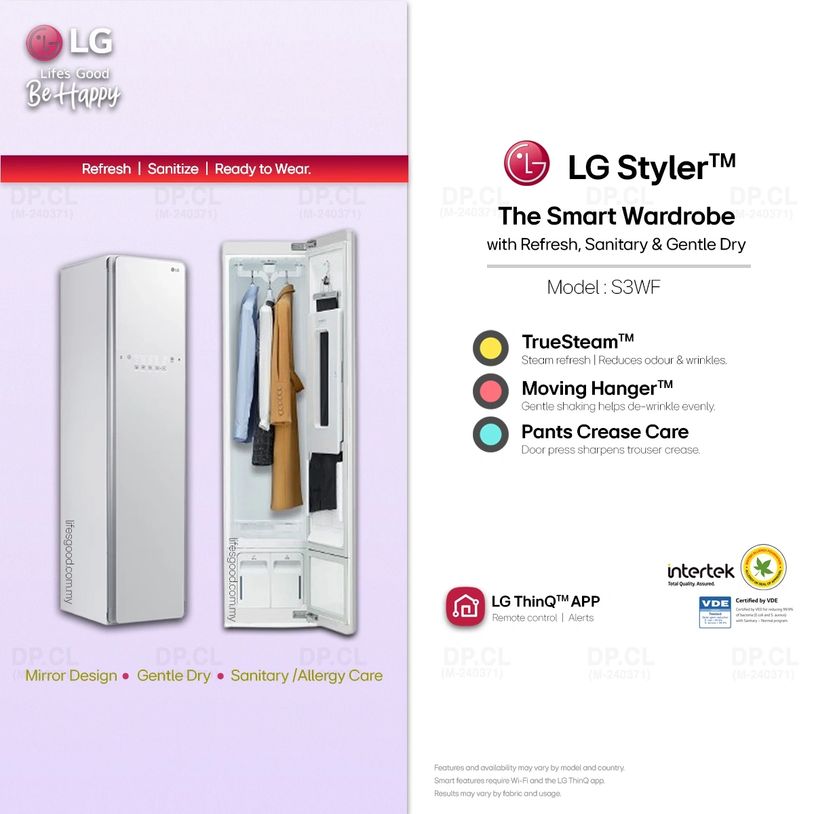 LG Styler S3WF smart wardrobe with TrueSteam, Moving Hanger and Pants Crease Care.