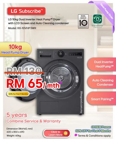 LG Subscribe 10kg heat pump dryer RX-10VHP3WR promo RM65/mth for first 9 months.