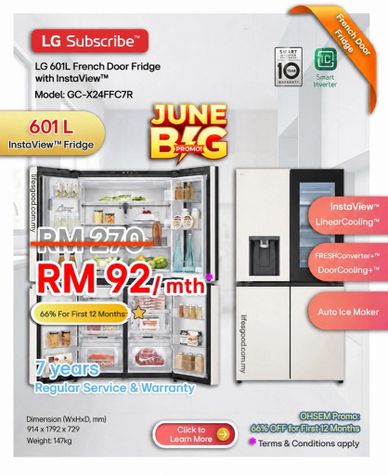 LG 601L French Door InstaView fridge GC-X24FFC7R promo RM92/mth with 7-year warranty.