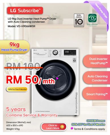 LG Subscribe 9kg heat pump dryer VD-H9066WSR promo RM50/mth for first 9 months.