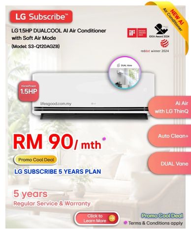LG DUALCOOL AI 1.5HP aircond S3-Q12OAGZB promo RM90/mth with 5-year warranty.