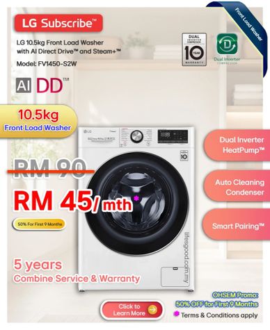 LG Subscribe 10.5kg front load washer FV1450-S2W promo RM45/mth (first 9 months)