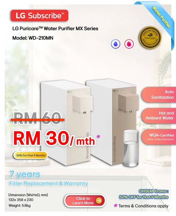 LG Subscribe PuriCare MX water purifier WD-210MN promo RM30/mth with 7-year filter warranty.