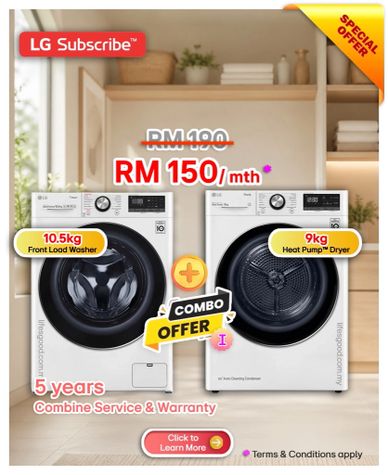 LG Subscribe washer 10.5kg + 9kg heat pump dryer combo offer RM150/mth.