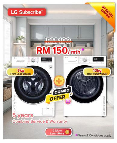 LG Subscribe 9kg washer + 10kg heat pump dryer combo offer RM150/mth.