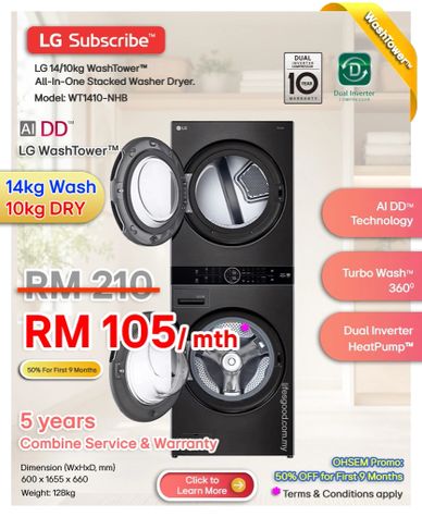 LG Subscribe 14/10kg WashTower WT1410-NHB promo RM105/mth for first 9 months.