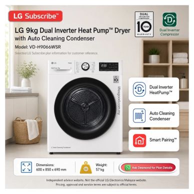 LG VD-H9066WSR 9kg heat pump dryer with Auto Cleaning Condenser.