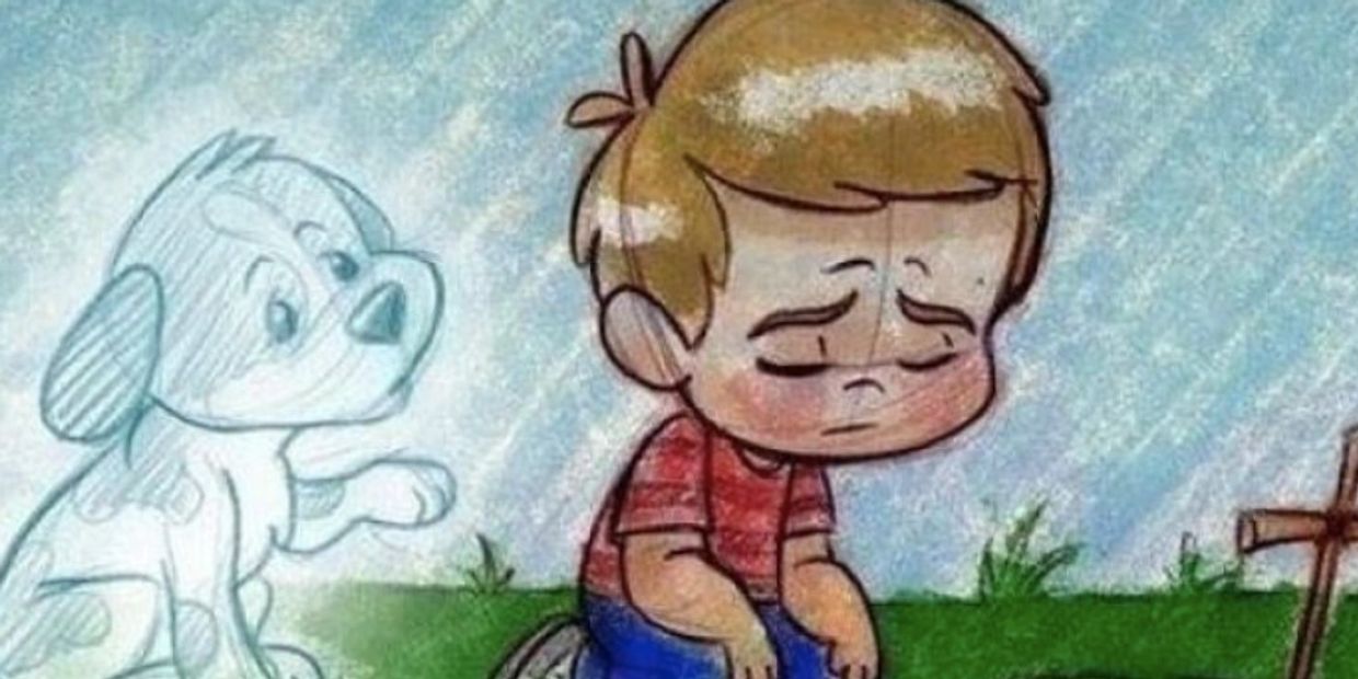 Sad boy kneeling by a grave with a ghost dog beside him.