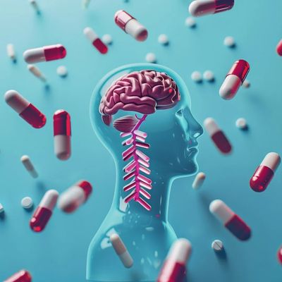3d rendering of a human with his brain and stem clearly visible with medication falling from the sky