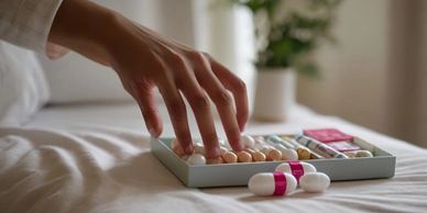 Female hand reaching to grab medication from their pill box.