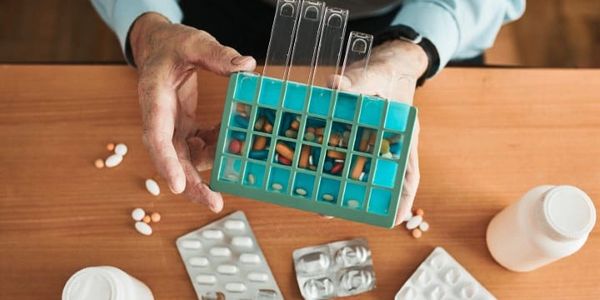 Senior man organizing his medication into pill dispenser.