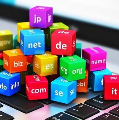 Square colured blocks with url endings eg info com