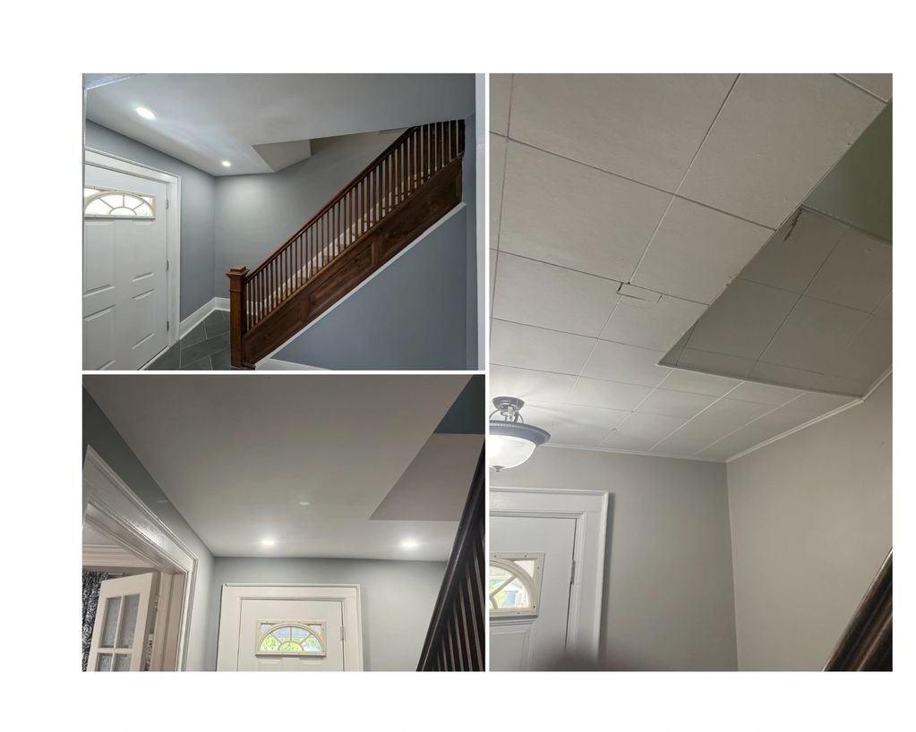 Interior shots of a staircase and ceiling in a home entryway.