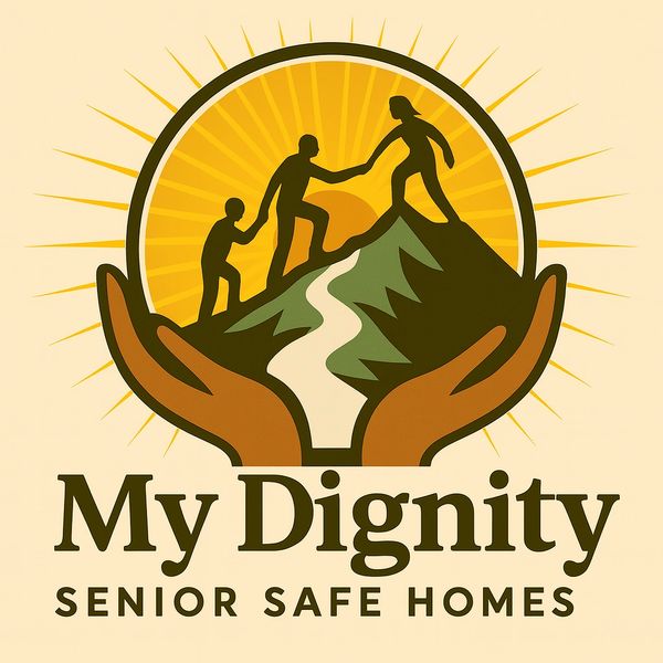 Logo showing care and support for seniors with hands and figures climbing a mountain.