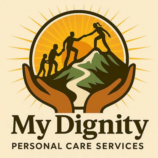 Logo showing support and care in personal services with helping hands and figures climbing a mountain.