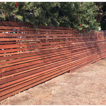 Modern wooden fence with horizontal slats and greenery behind it.